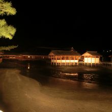 夜の厳島神社。少しずつ潮が満ちて来ています