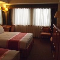 大きめベッドのツインルーム。残りのスペースは狭い