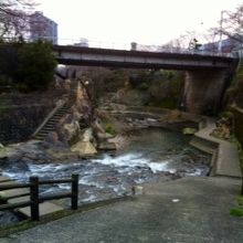 すぐ下に川が流れ、両脇に桜並木の散歩道が整備されている。