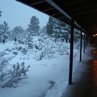 雪が降っていて薄暗いですが、建物の外観です