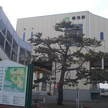 北側から連絡通路と駅舎を望みます