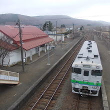 跨線橋から望む駅舎と列車