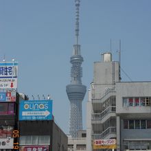 JRの北口を出ると、スカイツリーが良く見えます。