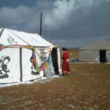 チベット的な家型のテントや円型の蒙古的な白いパオがある風景