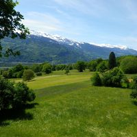 緑の草原の向こうにはマイエンフェルト、そしてアルプスが