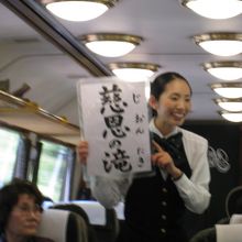 車内では車窓から見える滝の解説も。