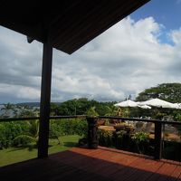 部屋から丘を見下ろす。右手はレストランとプール