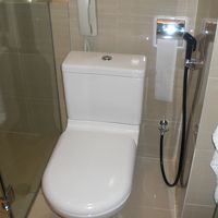 バスタブの手前にトイレがあり、ガラスで仕切られている。