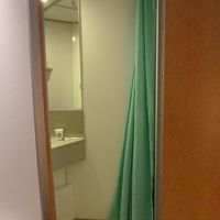 シャワースペースは洗面台とトイレと同じ場所にあり、かなり狭い