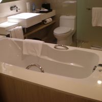 ドア一枚でベッドの横のバスタブはオシャレですが水はね注意です