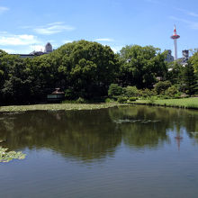 印月池と漱枕居（後ろに京都タワー）
