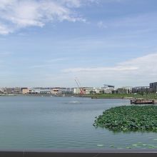 湖越しに見る全景（右側が駅に直結）