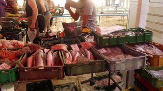 魚市場、手長えびなどの海の食材がずらり並んでいます