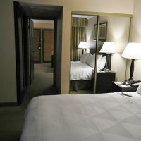 ベッドルームからリビングを見る。ミラーはクロゼットの扉。