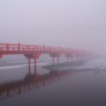 霧の向こうに神社があります