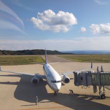 静かな空港に飛行機が到着。みんなで盛り上がります。