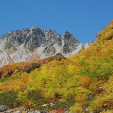 紅葉の中を登山出来る。稜線は涸沢岳