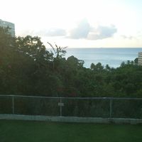 部屋の窓からの眺め。遠くに海