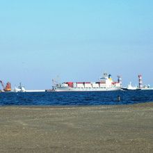 城南島の砂浜と、入港するコンテナ船