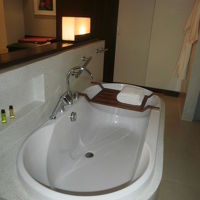 部屋の真ん中にバスタブ（壁はありません）