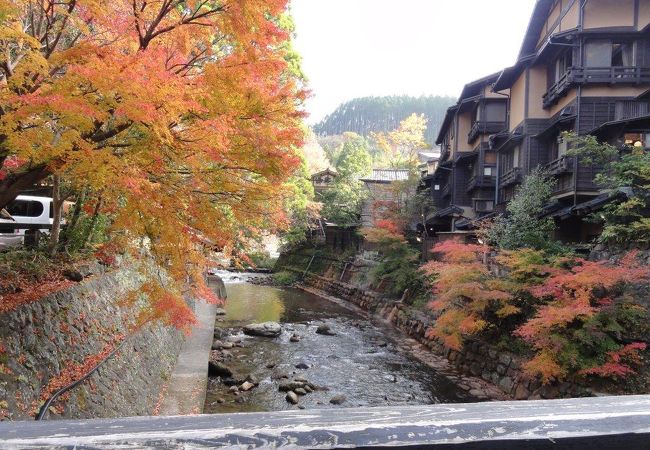 黒を基調にした旅館に紅葉の赤が映えます