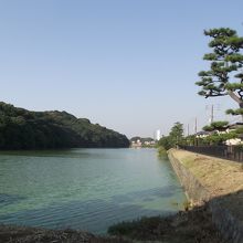 周濠の南東隅 (中央右手奥に大仙公園の平和塔が見える)