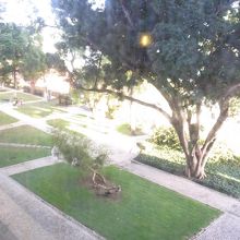 二階フロアから庭園を見下ろす