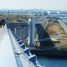 橋から臨海道路、中央防波堤埋立地を見る。