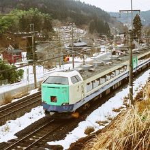 長鳥駅付近を見下ろす。列車は特急北越号。