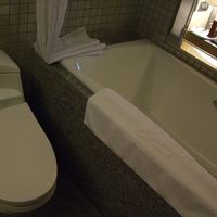 バスルーム。右上はガラスで客室が見えている