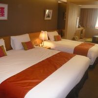 広いベッドに、ちょうどいい座敷がある細長い部屋