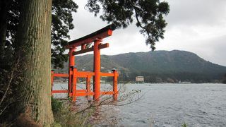 湖畔の朱色の鳥居
