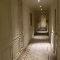 ヨーロッパの老舗ホテルならではの重厚な造りの廊下。