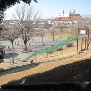 公園の中心にある緑の「長い滑り台」が新石川公園のシンボルです。