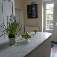 昼間のキッチン、とても清潔でお花がきれいです