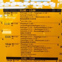 時刻表の一部。電車は1時間に2本程度。