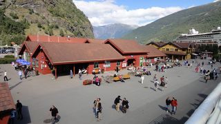 大勢の乗換え客と観光客がホームでフロム鉄道の到着を待っていた