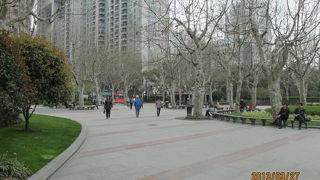 准海公園の早咲きの桜は葉桜になりました。隣の企業天地二期工事はもうじき満開です。