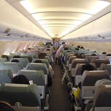 モノクラスの座席。国内線用なので個人用モニタも無し。