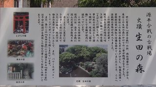 源平合戦の古戦場として、史蹟となっている、生田の森です。