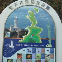 駐車場から灯台まで1800m、がんばりましょうと書かれた看板