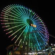 横浜みなとみらいの夜景と羽田空港を発着する飛行機の航跡が美しい．