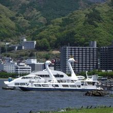 遠くからでも分かる王冠を頭に乗せたおやこはくちょう丸