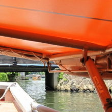 橋の下をくぐるため屋根を低くする小舟