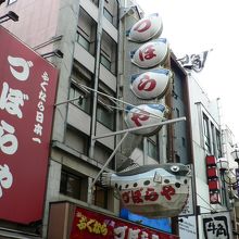 巨大なトラフグの提灯を掲げるふぐ料理づぼらや