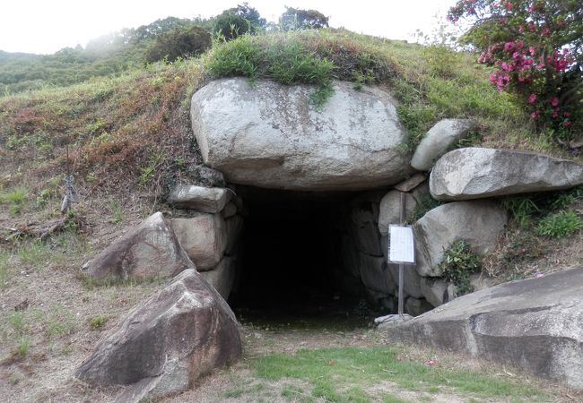 岡山県下３大巨石古墳のひとつ、古墳時代後期の円墳が住宅に囲まれてあります。、
