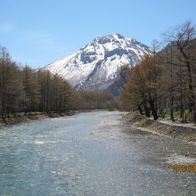 【河童橋】の上から望む下流方向には焼岳！