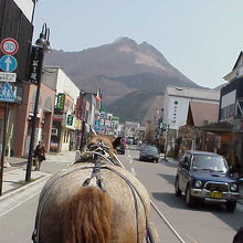 観光馬車の背中越しに眺める由布岳（2001.3.30.撮影）