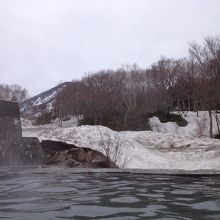 残雪と原生林を眺めながら入れる。