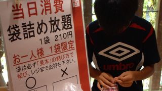 桔梗屋「信玄餅の詰め放題」　夏休みの思い出に行って見た。